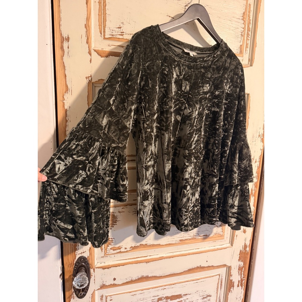 Umgee USA Crushed Velvet Tiered Ruffle Bell Sleeve Top Olive Green Large